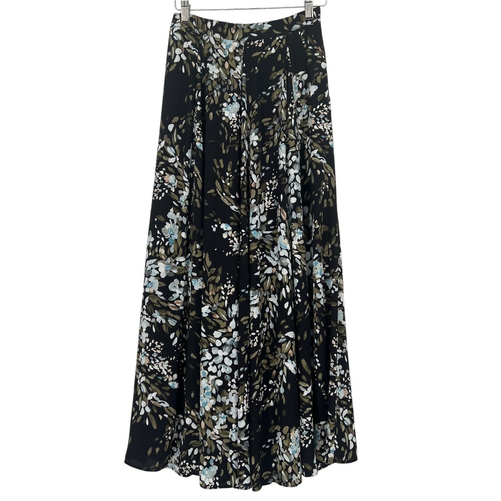 White House Black Market Maxi Skirt Womens 0P Black Floral Pleated Chiffon Lined
